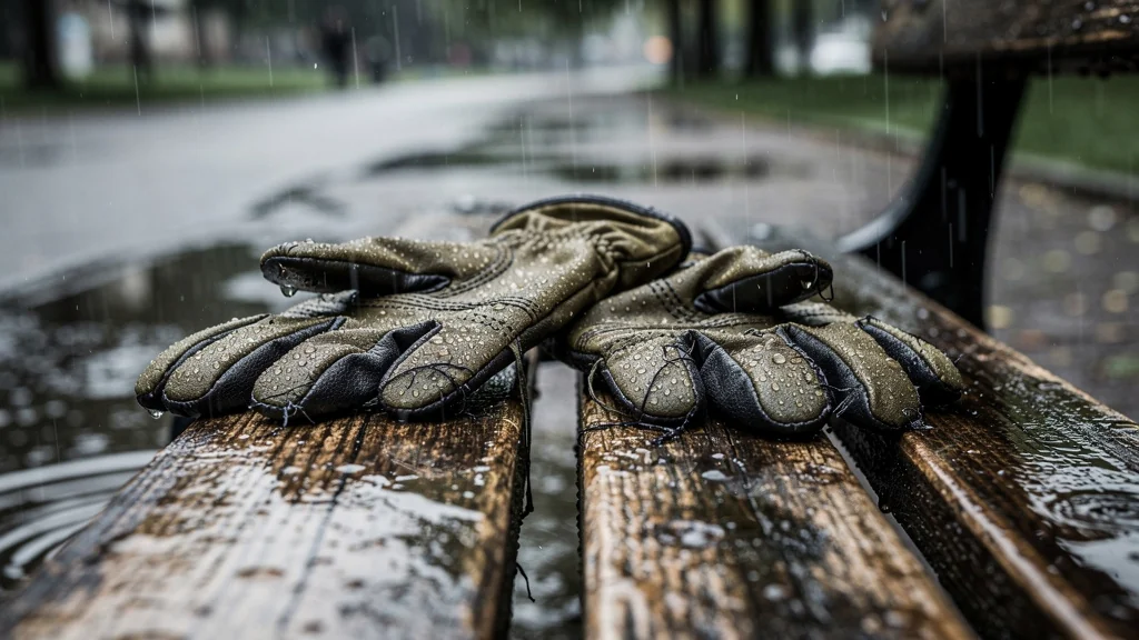 Gants trempés sur un banc après une averse, illustrant le regret de ne pas avoir acheté des gants étanches