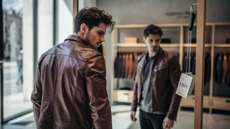 Homme regrettant un blouson en cuir trop petit à 150 euros avec frottements visibles, photo ultra-réaliste