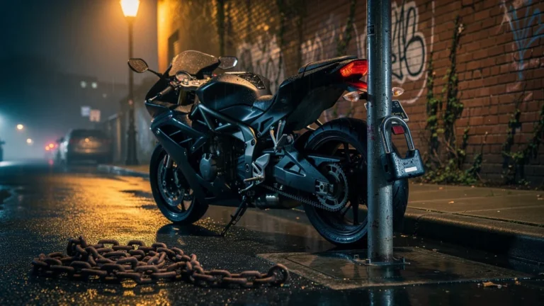 Antivol en U sécurisé fixé sur une moto garée la nuit, remplaçant la lourde chaîne dans la rue