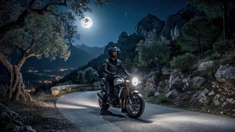 Nuit dans l'arrière-pays niçois avec un motard changeant de visière sous la lune éclatante