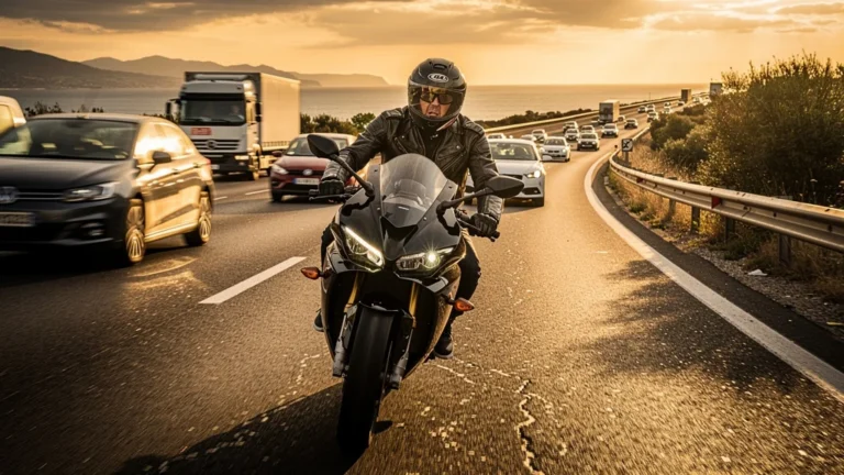 Motorcycliste sur l'autoroute vers Nice réalisant que son casque jet est insuffisant pour la haute vitesse