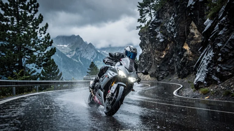 Motard audacieux roulant sous la pluie sur le col de Turini, une aventure qui a tout changé