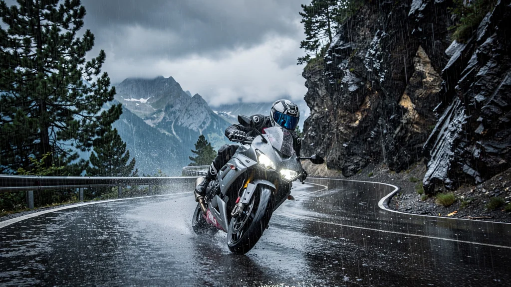 Motard audacieux roulant sous la pluie sur le col de Turini, une aventure qui a tout changé
