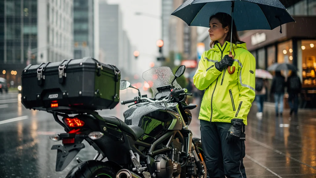 Motard sous la pluie avec top-case robuste, démontrant son avantage sur la sacoche réservoir au travail