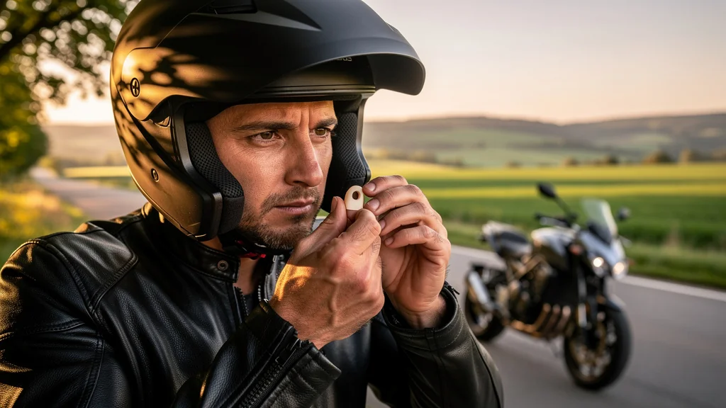 Photo ultra-réaliste d’un motard mettant des bouchons d’oreille moulés avant une longue sortie