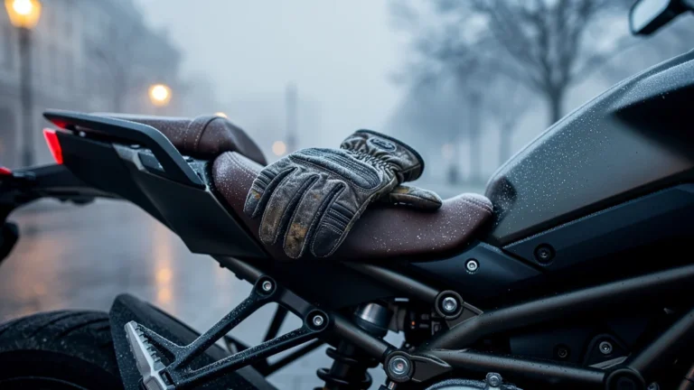 Gants hiver à 90 euros usés sur siège moto, inutilisés malgré le froid, illustrant un achat décevant