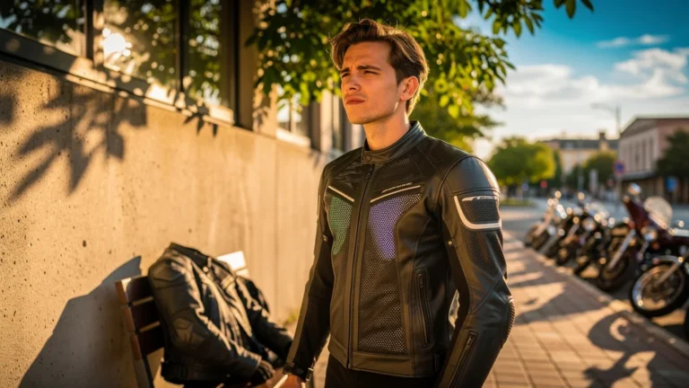 Jeune adulte en blouson ventilé profitant d'un été frais, montrant le confort face à la chaleur passée