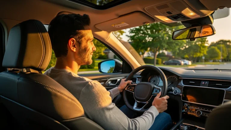 Conducteur détendu dans sa voiture après avoir ajusté ses rétroviseurs pour une conduite plus confortable