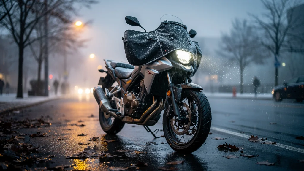 CB500X équipée d’un tablier hiver lors d’un trajet matinal sous la bruine, ambiance froide et humide