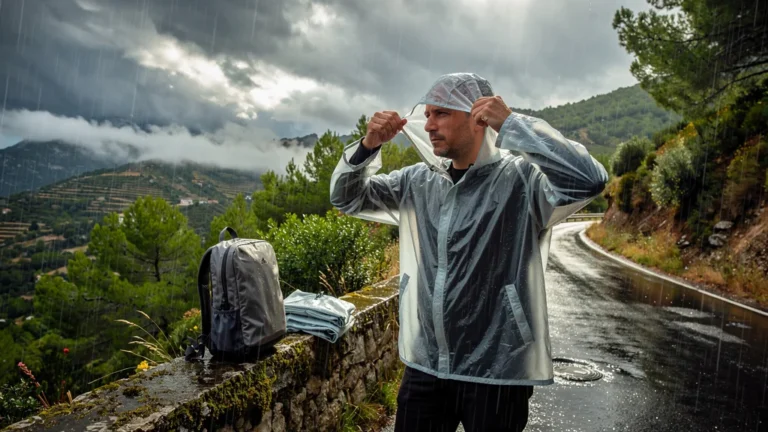 Test d’une combinaison de pluie pliable sous quatre averses entre Nice et Grasse en plein paysage méditerranéen