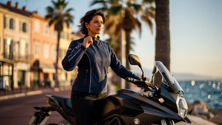 Motard à Nice en blouson textile idéal pour rouler toute l'année, lumière dorée, ambiance côtière