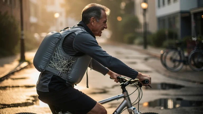Cycliste matinal avec gilet airbag filaire déployé, sécurité fiable pour budget serré