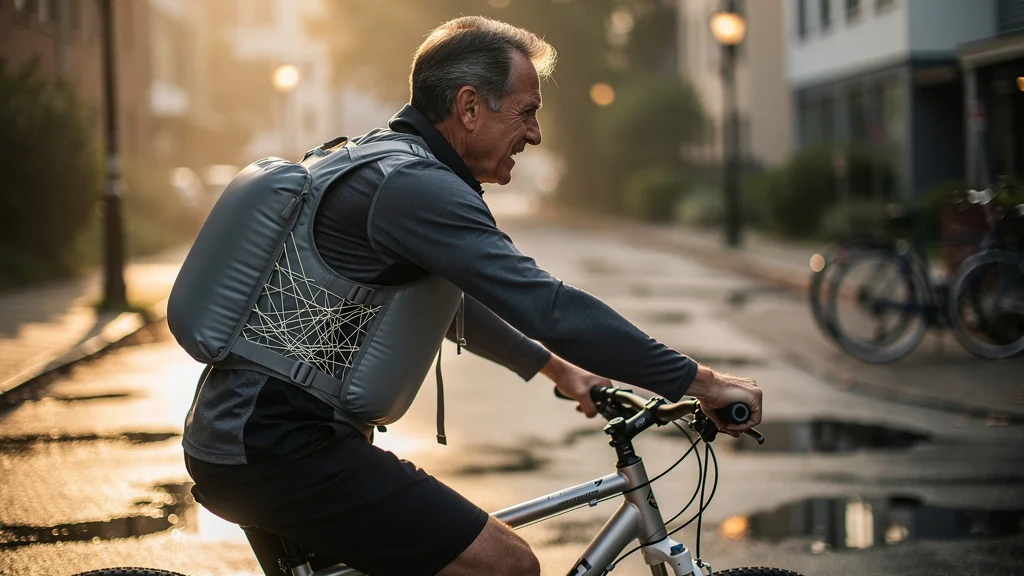 Cycliste matinal avec gilet airbag filaire déployé, sécurité fiable pour budget serré