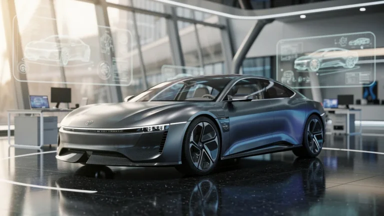 Concept auto car futuriste en studio moderne, design innovant et détails ultra-réalistes en 8K