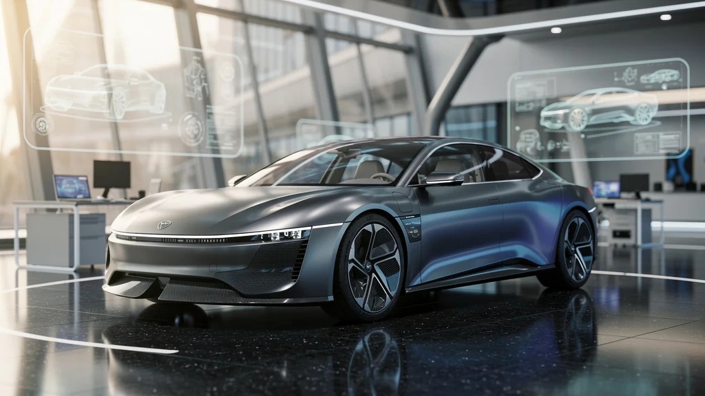 Concept auto car futuriste en studio moderne, design innovant et détails ultra-réalistes en 8K