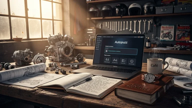 Atelier moto lumineux avec outils et ordinateur affichant Autopuzz, ambiance travail technique et découverte