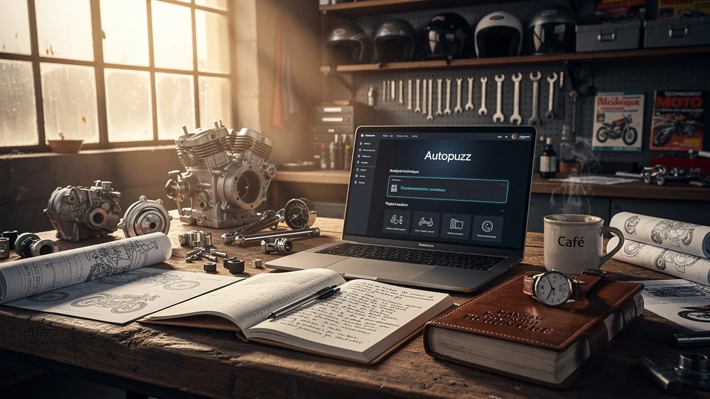 Atelier moto lumineux avec outils et ordinateur affichant Autopuzz, ambiance travail technique et découverte