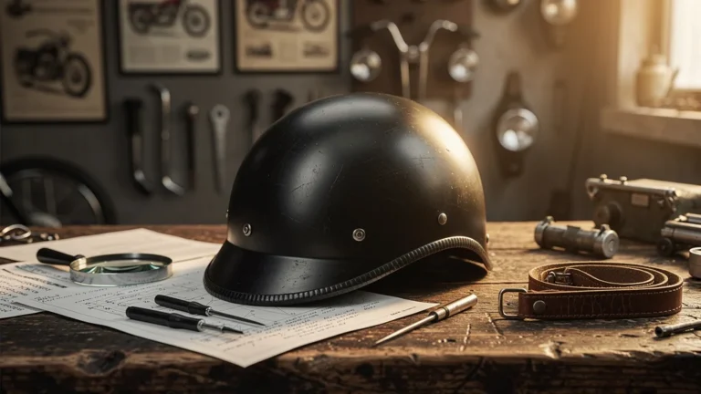 Casque bol vintage posé sur une table en bois avec outils, ambiance atelier moto technique, lumière chaude