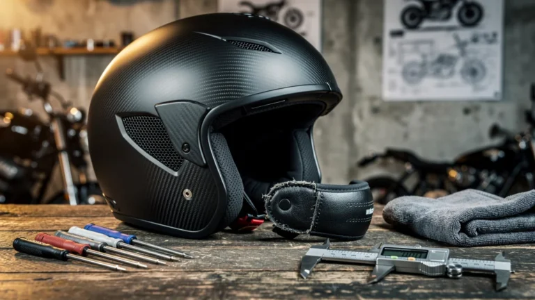 Casque carbone noir mat en fibre de carbone sur établi, ambiance atelier moto technique professionnelle