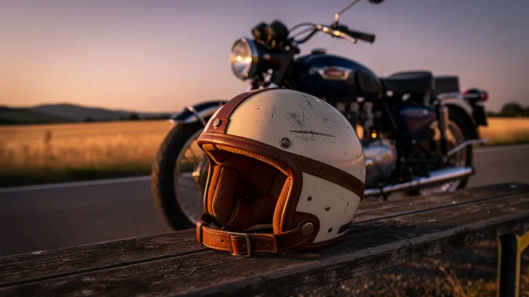 Casque moto vintage posé sur un banc en bois au coucher du soleil, ambiance rétro et authentique