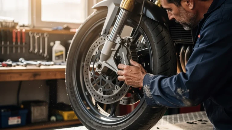 Mécanicien homme changeant des plaquettes de frein moto, atelier, détails précis, éclairage naturel