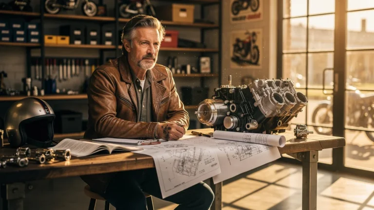 Portrait réaliste d’un rédacteur moto de 44 ans dans son atelier Chris Auto avec moteur et ambiance technique