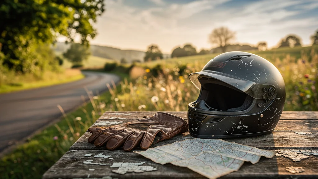 Casque moto usé mal choisi sur table en bois au bord d’une route de campagne en été