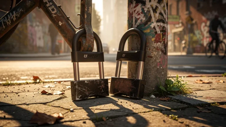 Deux antivols U usés après un mois de stationnement en ville sur un vélo sécurisé