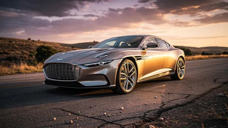 Photographie réaliste 8K d'une voiture moderne sur route ouverte au coucher de soleil, ambiance contemplative