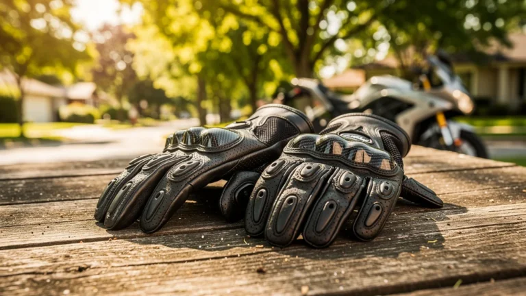 Gants été moto en cuir perforé sur table en bois sous lumière naturelle pour achat sécurisé
