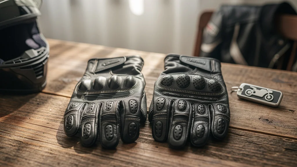 Comparaison ultra-réaliste gants d'été moto à 30 € et 90 € avec détails textures et matériaux