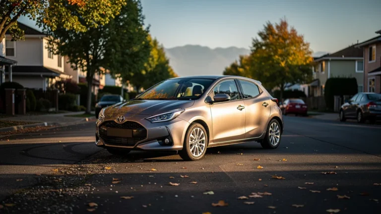 Voiture moderne ici car sur rue urbaine au coucher de soleil, réalisme extrême et ambiance chaleureuse