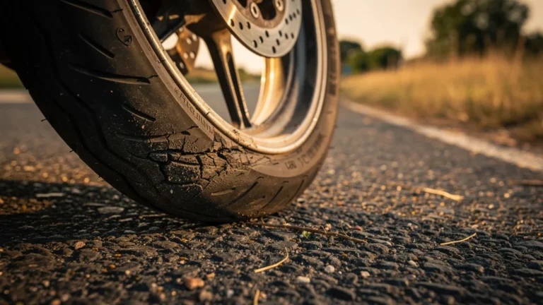 Pneu de moto endommagé par négligence de pression, usure prématurée visible sur route asphaltée