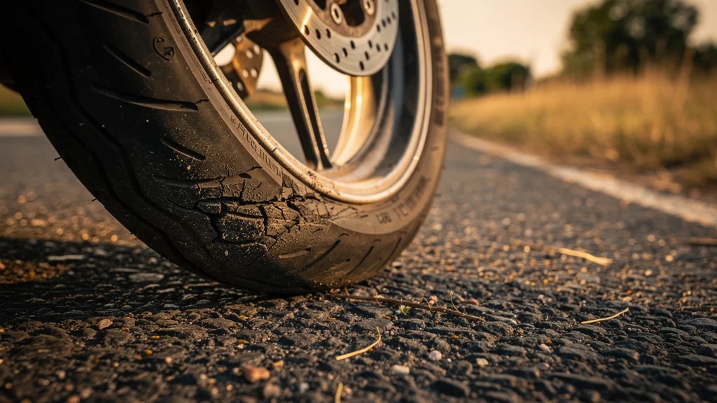 Pneu de moto endommagé par négligence de pression, usure prématurée visible sur route asphaltée