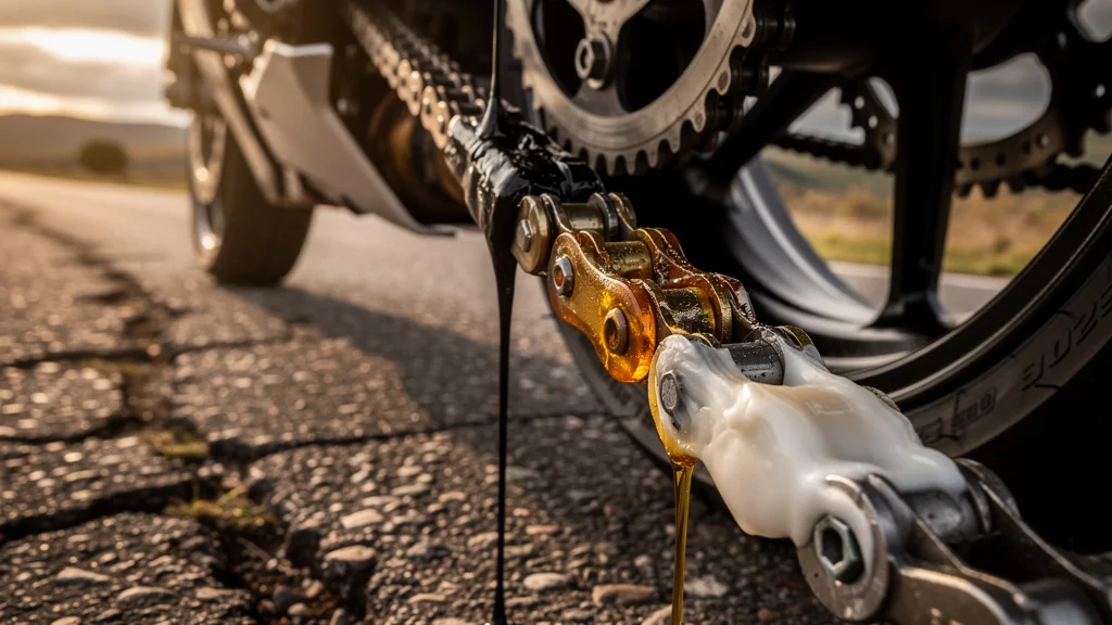 Photo ultra-réaliste d’une chaîne de moto lubrifiée testée sur 2 000 km avec trois graisses différentes