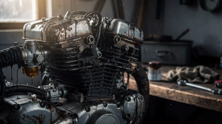 Moteur de moto encrassé par une vidange trop longtemps repoussée, dégâts visibles et huile noire épaisse