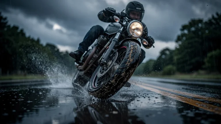 Pneu de moto usé glissant sur route mouillée sous la pluie, danger inattendu à moto