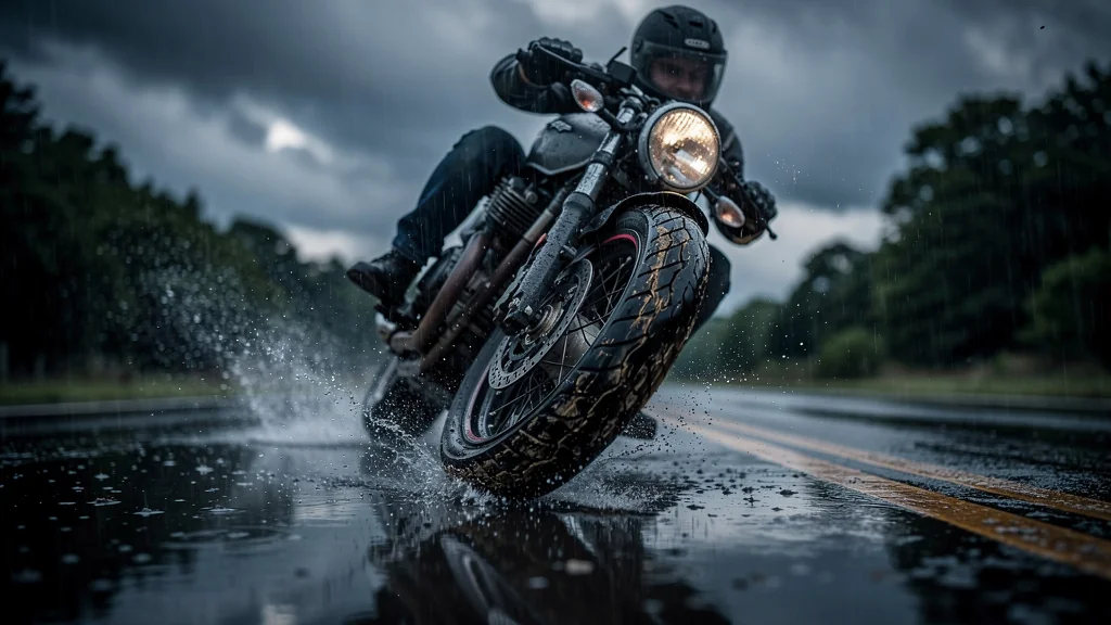 Pneu de moto usé glissant sur route mouillée sous la pluie, danger inattendu à moto
