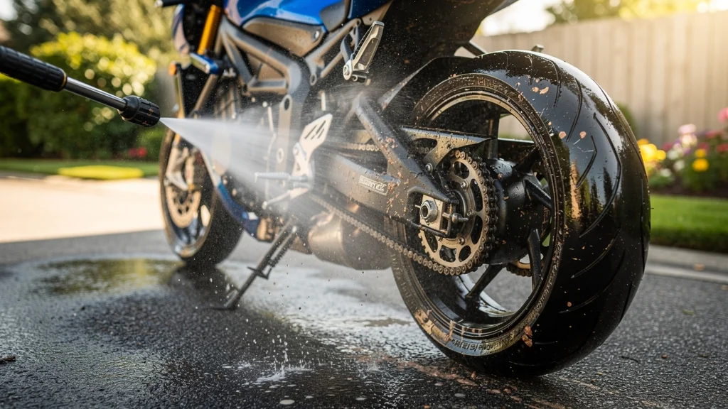 Moto abîmée par un nettoyeur haute pression, détails réalistes des éclaboussures et dégâts visibles