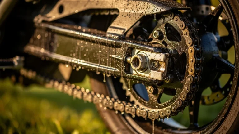 Gros plan hyper-réaliste d’une chaîne moto lubrifiée, détails précis du lubrifiant chaîne moto