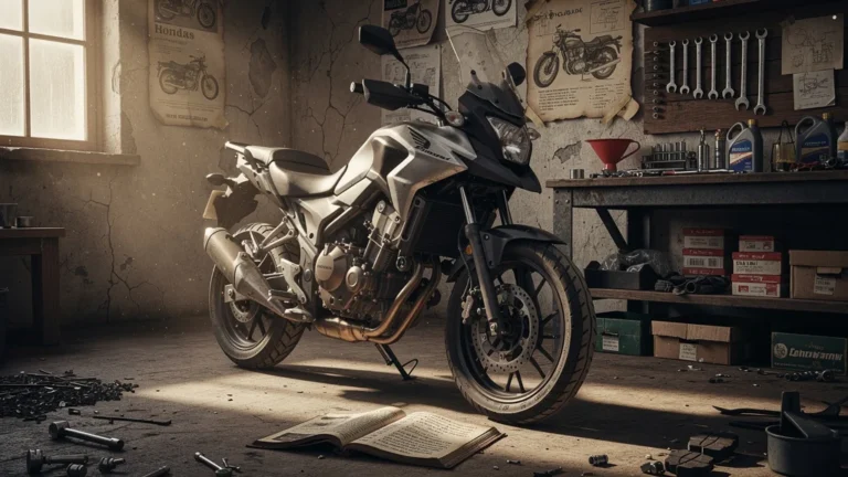 Honda CB500X ancienne dans un garage rustique illustrant dix ans d’entretien appris sur le tas