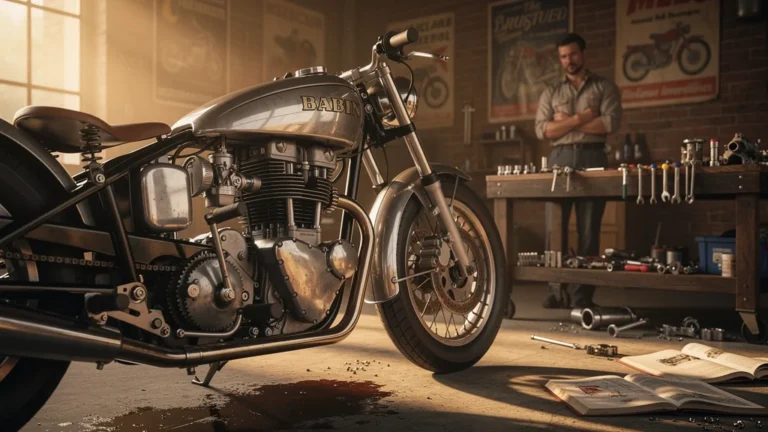 Gros plan hyper-réaliste d’un moteur Babin sur moto dans un atelier avec un homme de 44 ans en arrière-plan