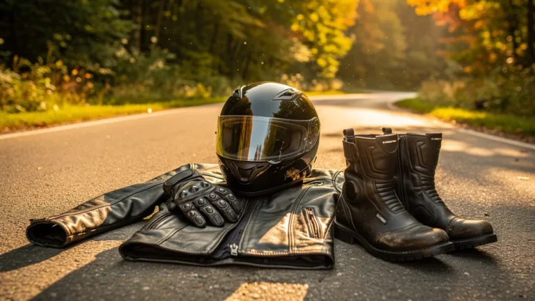 Pack moto complet exposé en extérieur avec casque, gants, blouson et bottes sous lumière dorée