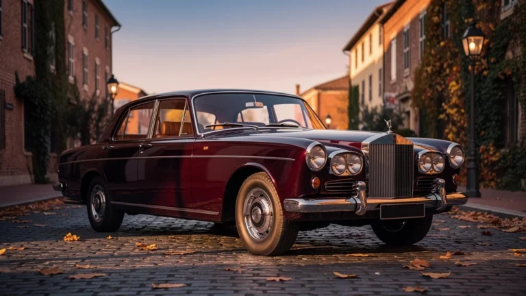 Voiture classique Paul parfaitement restaurée sous lumière dorée sur rue pavée européenne calme