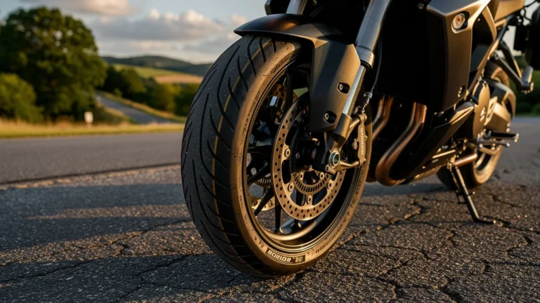 Gros plan réaliste pneu moto Michelin Road 6 avec détails précis sur route asphaltée éclairage naturel