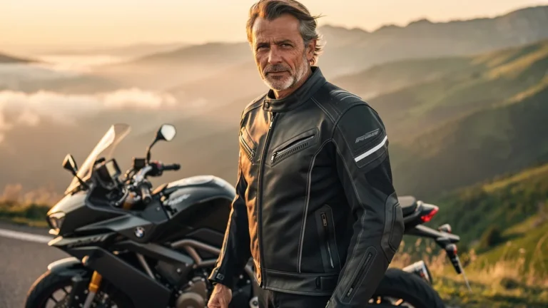 Homme portant une veste de moto thermique testée, posant près d’une moto en montagne au coucher du soleil