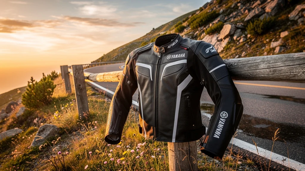 Veste moto Yamaha homologuée posée en extérieur après 1000 km de test, détail ultra-réaliste et lumière naturelle