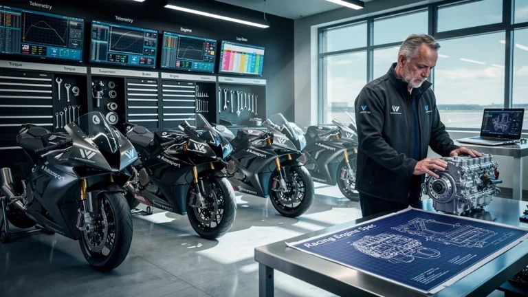 Garage moderne W Autosport avec motos de course et ambiance technique professionnelle, éclairage cinématographique